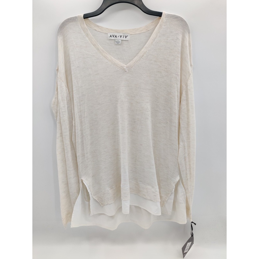Ava‎ & Viv Womens Cream Layered Hem V-Neck Sweater Plus Size X 14W NEW